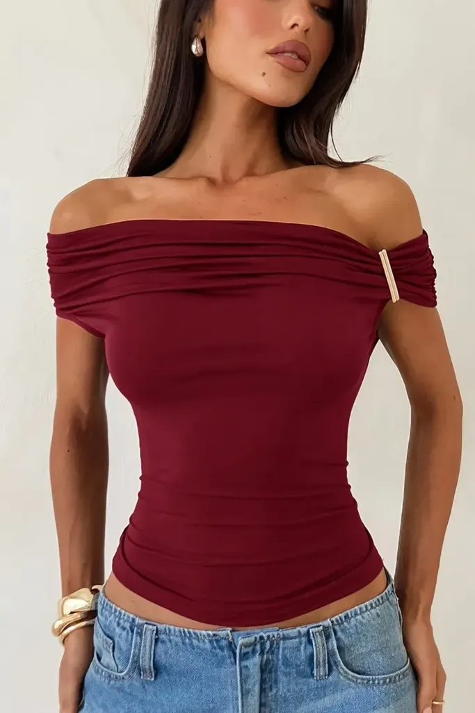 Maroon Ruched Off-Shoulder Top - Image 1