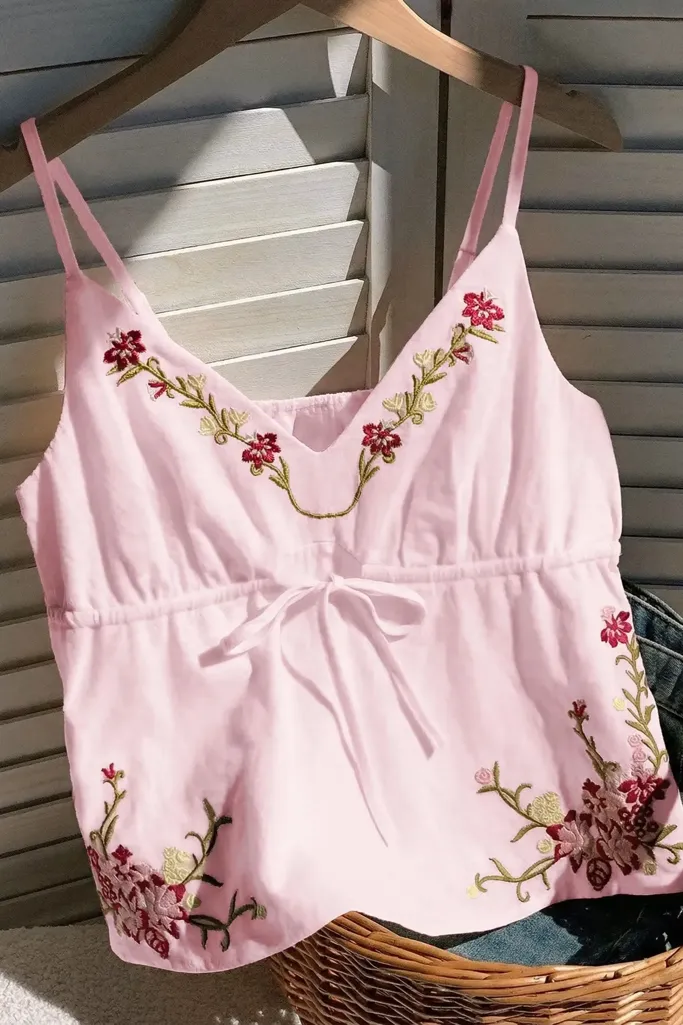 Light Pink Embroidered V-Neck Top - Image 1