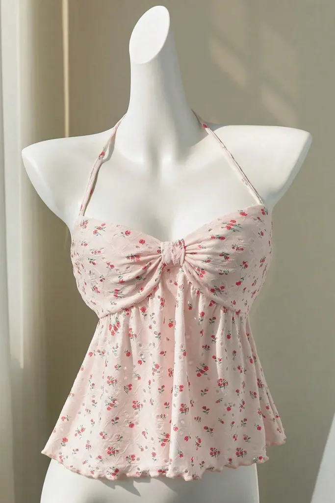 Light Pink Floral Halter Neck Top - Image 1
