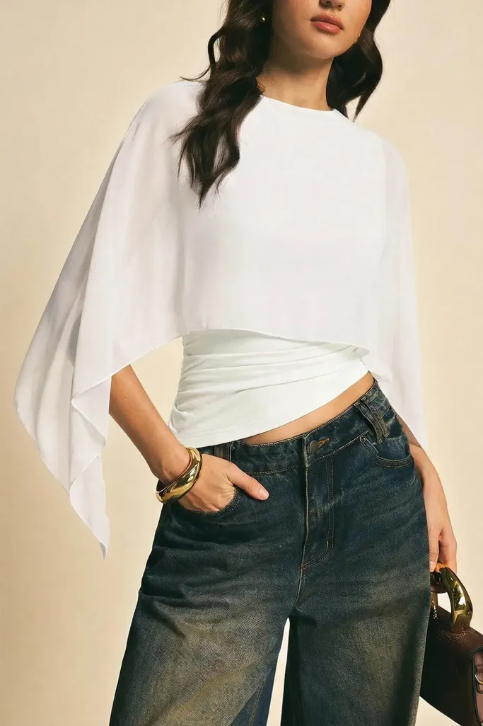 White Solid Draped Crop Top - Image 1