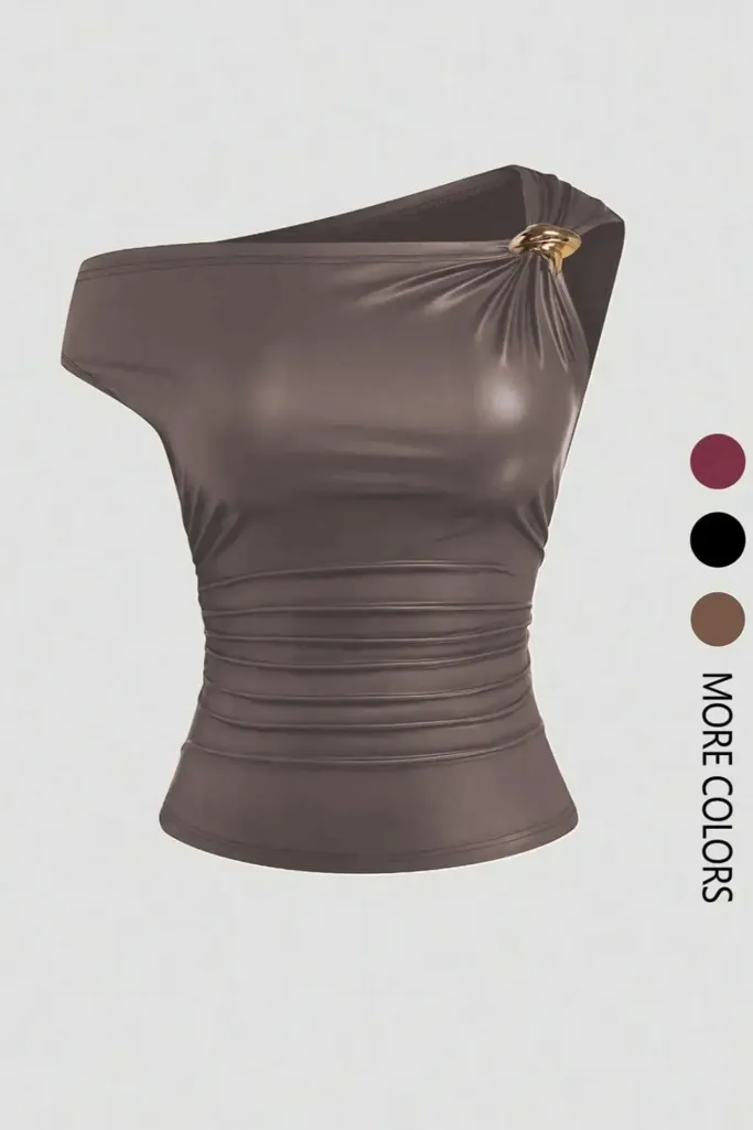 Brown Solid One-Shoulder Top - Image 1