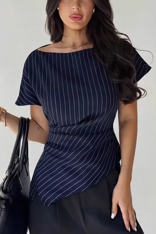 Navy Pinstripe Boat Neck Top - Image 1