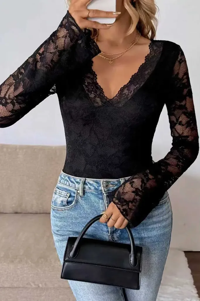 Black Lace V-Neck Top - Image 1