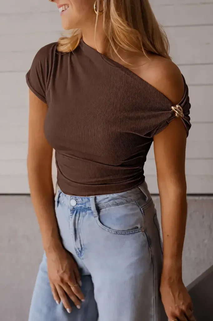 Brown Solid One Shoulder Top - Image 1