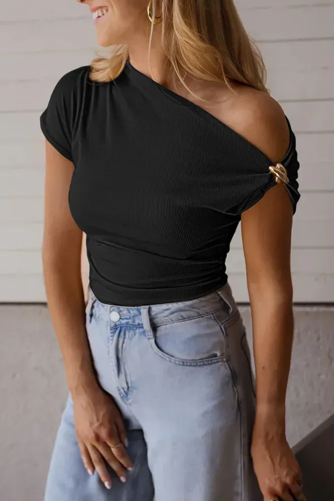 Black Solid One Shoulder Top - Image 1