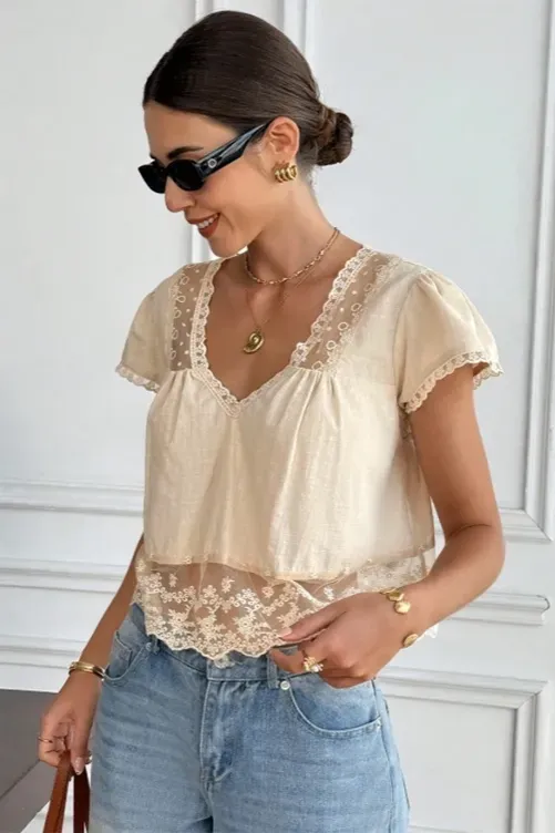Beige Lace Overlay V-Neck Top - Image 1