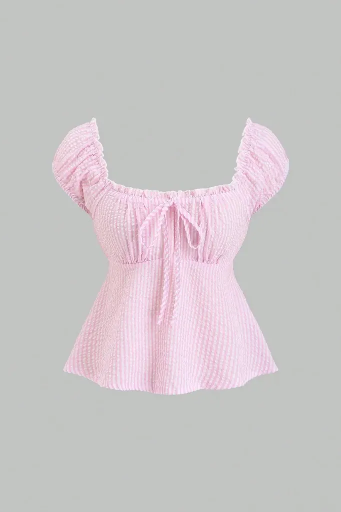 Light Pink Striped Square Neck Top - Image 1