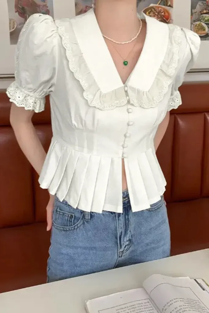 Beige Pleated Ruffle Shirt - Image 1