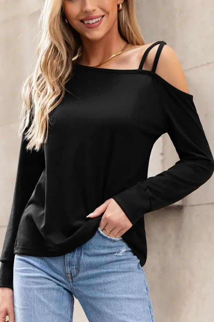 Black Solid One Shoulder Top - Image 1