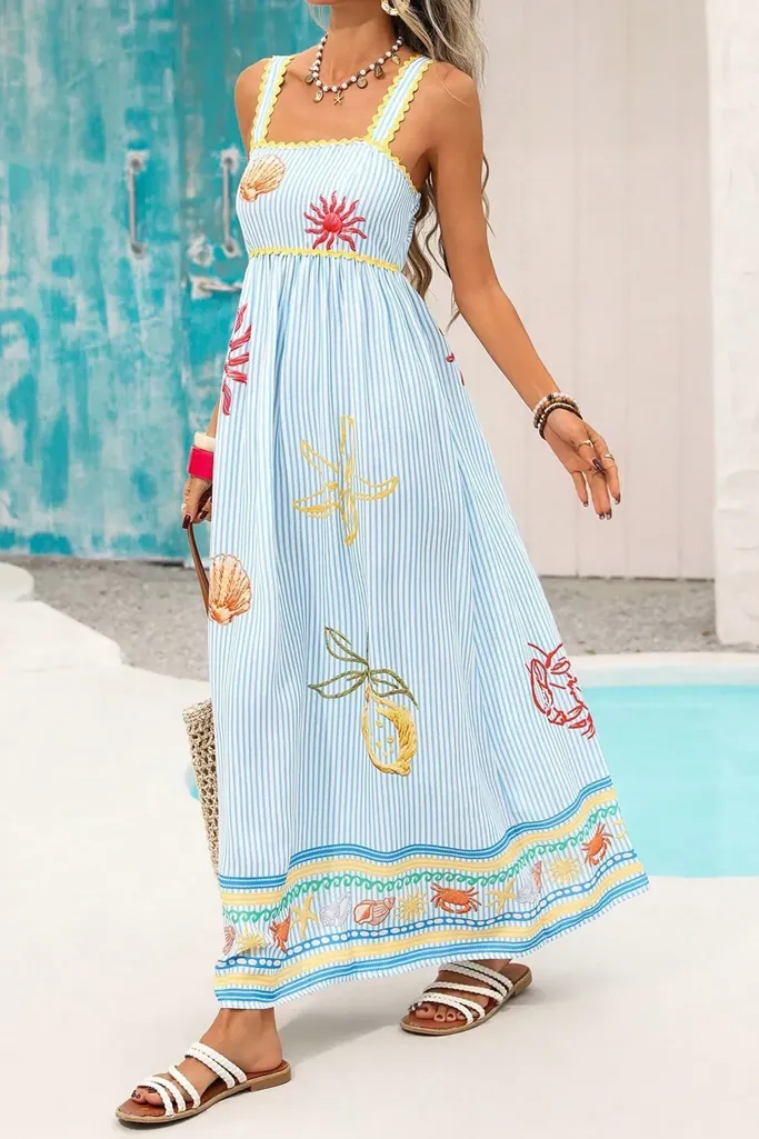 Light Blue Beachy Embroidered Maxi Dress - Image 1