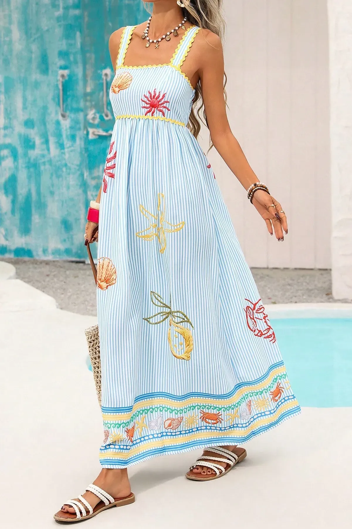 Light Blue Beachy Embroidered Maxi Dress