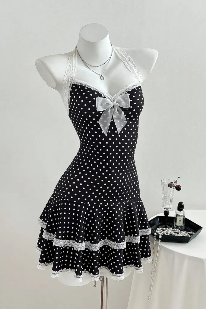 Black Polka Dot Halter Mini Dress - Image 1