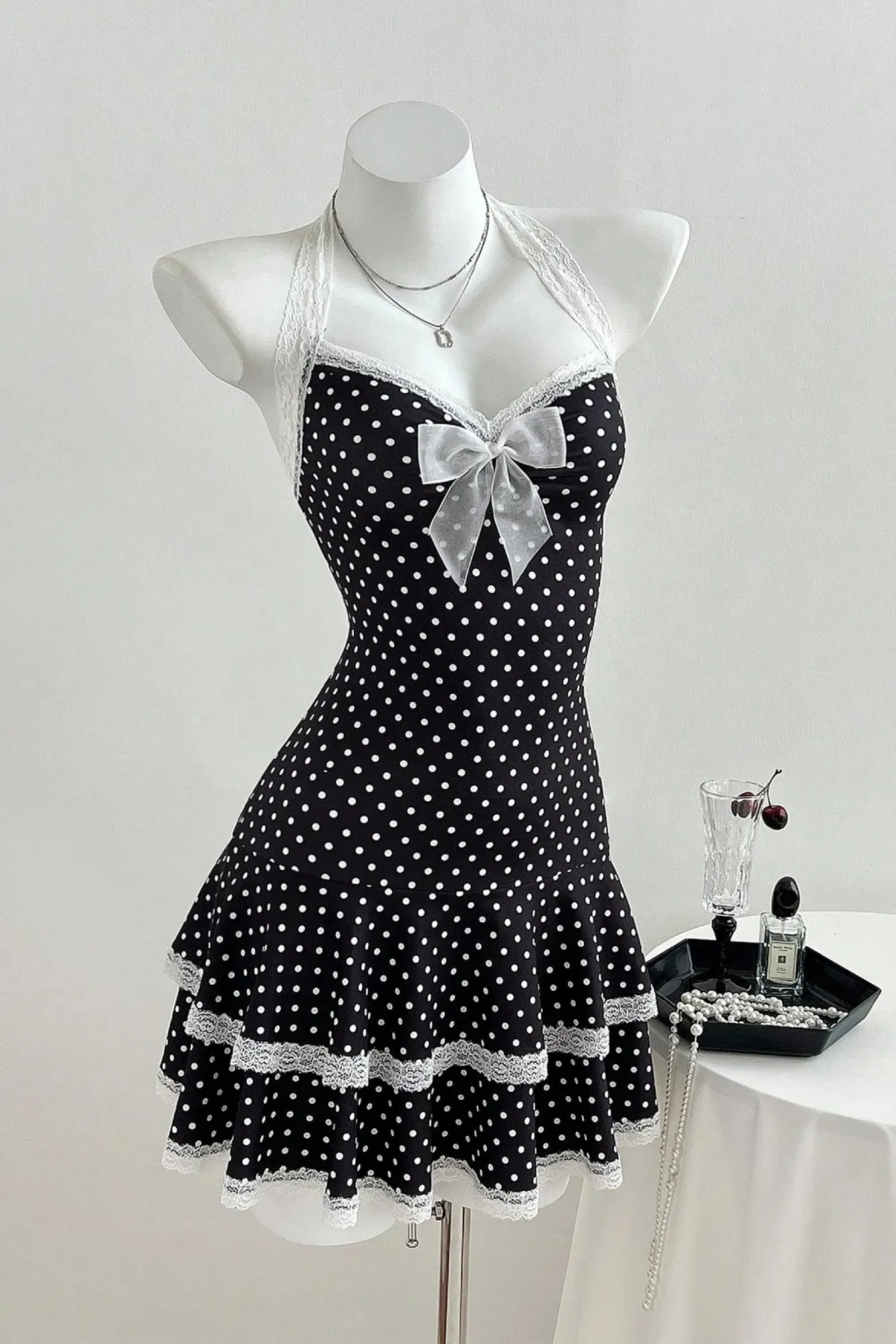 Black Polka Dot Halter Mini Dress