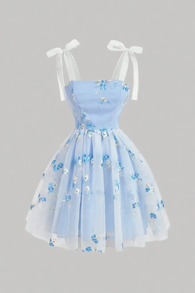 Light Blue Embroidered Floral Mini Dress - Image 1