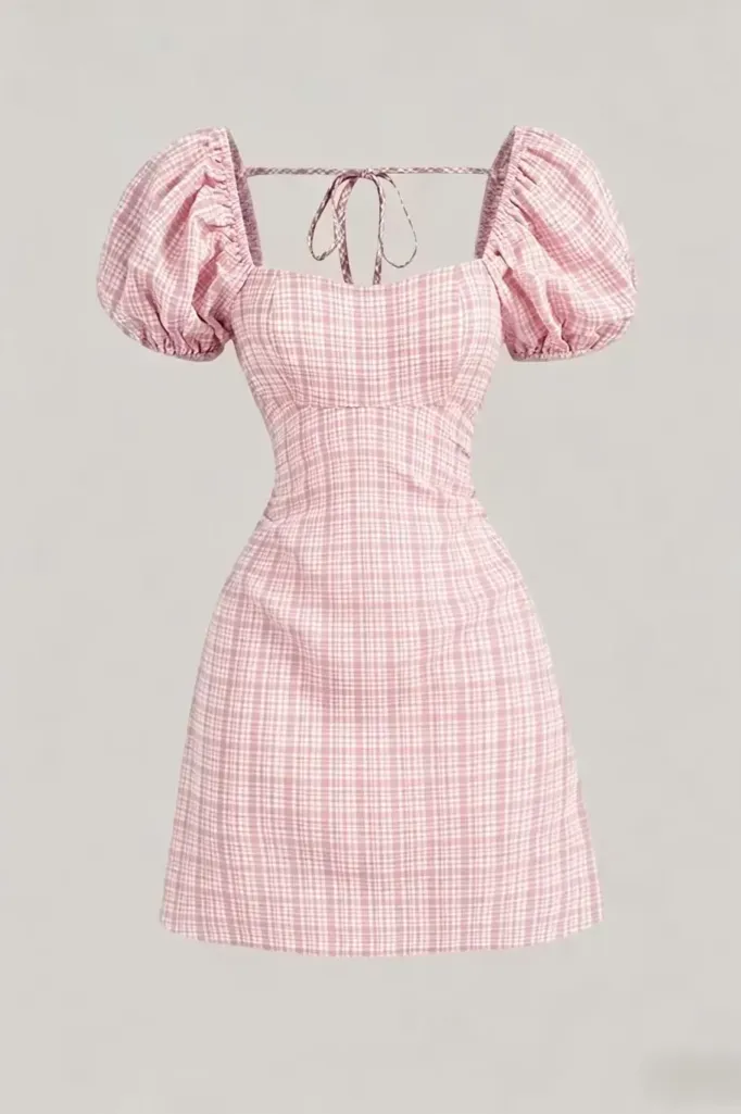 Light Pink Plaid Puff Sleeves Mini Dress - Image 1