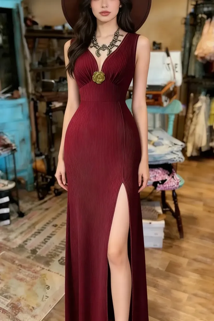 Wine V-Neck Mermaid Maxi Dress - Image 1