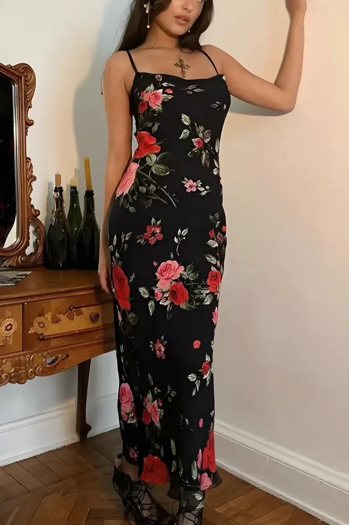 Black Floral Mermaid Maxi Dress - Image 1
