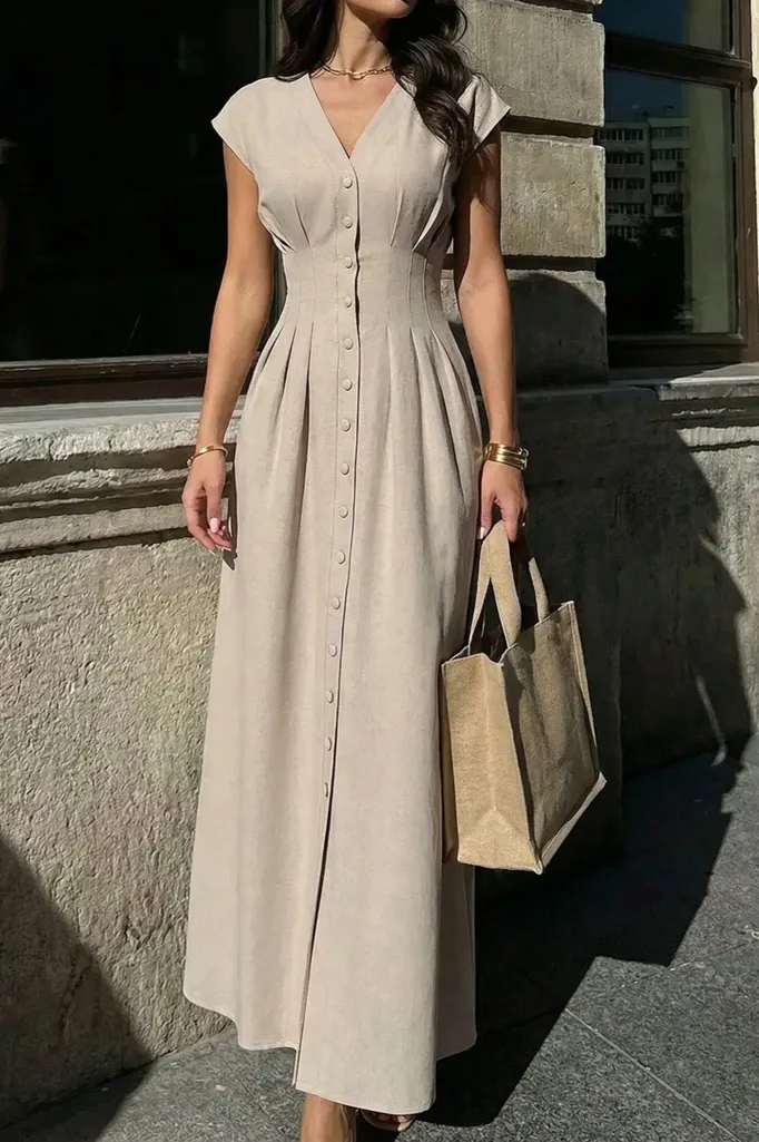 Beige Solid V-Neck Maxi Dress - Image 1