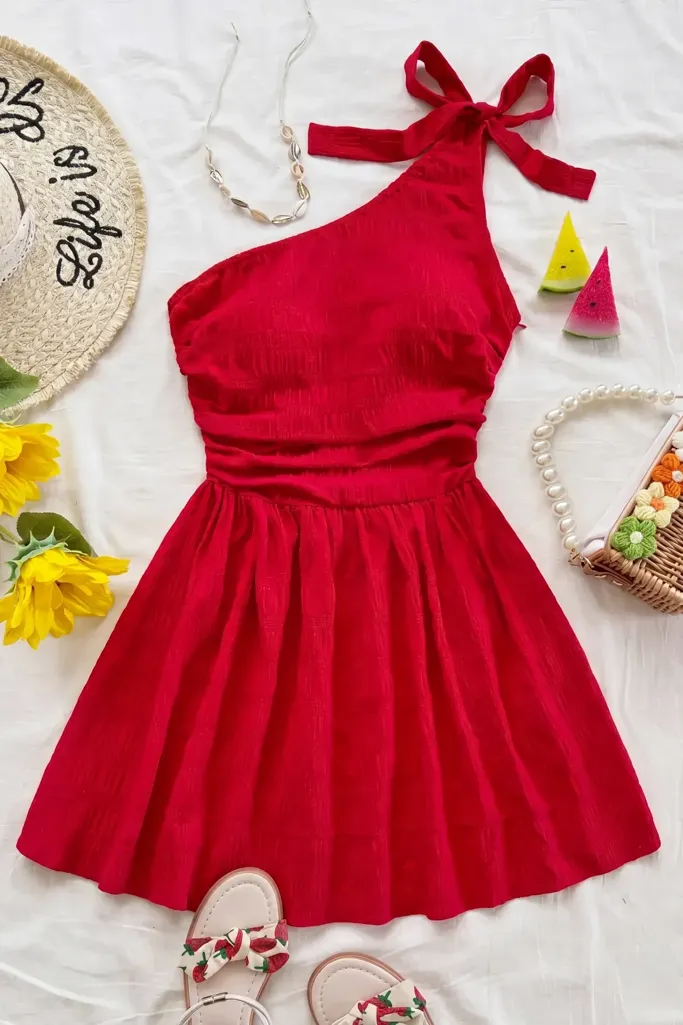 Red One Shoulder Mini Dress - Image 1
