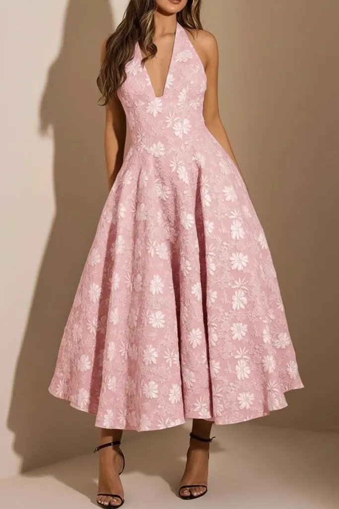 Light Pink Floral Halter Midi Dress - Image 1