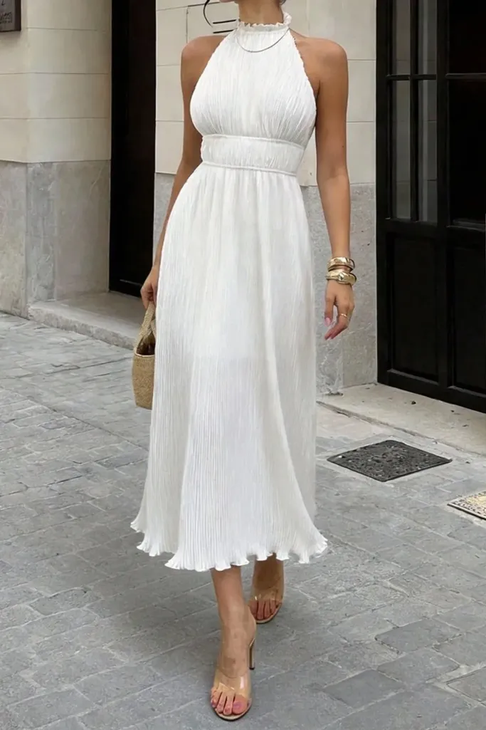 White Pleated Halter Midi Dress - Image 1