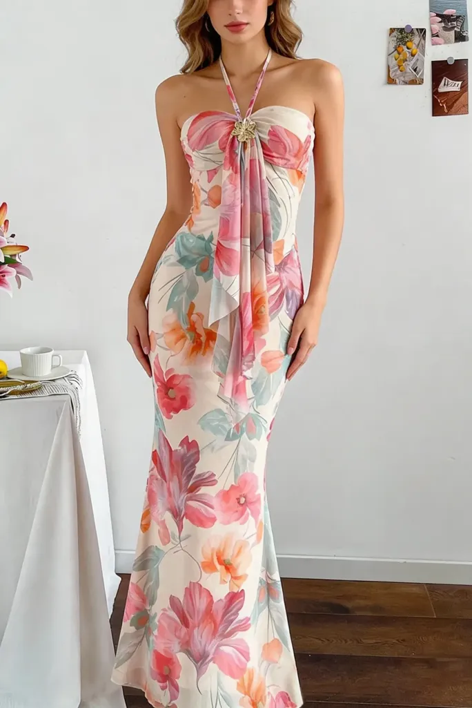 Light Pink Floral Halter Maxi Dress - Image 1