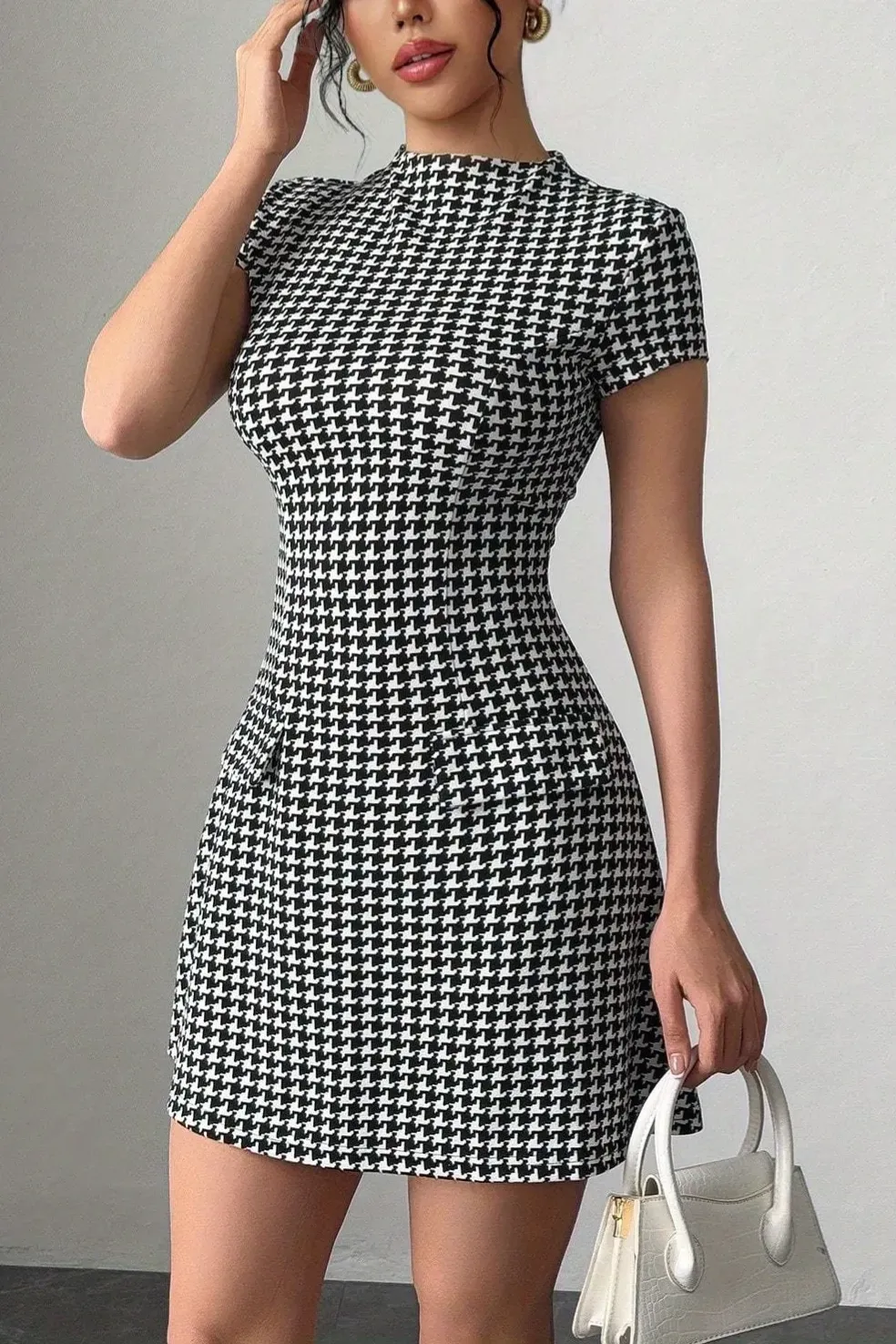 Black Houndstooth High Neck Mini Dress