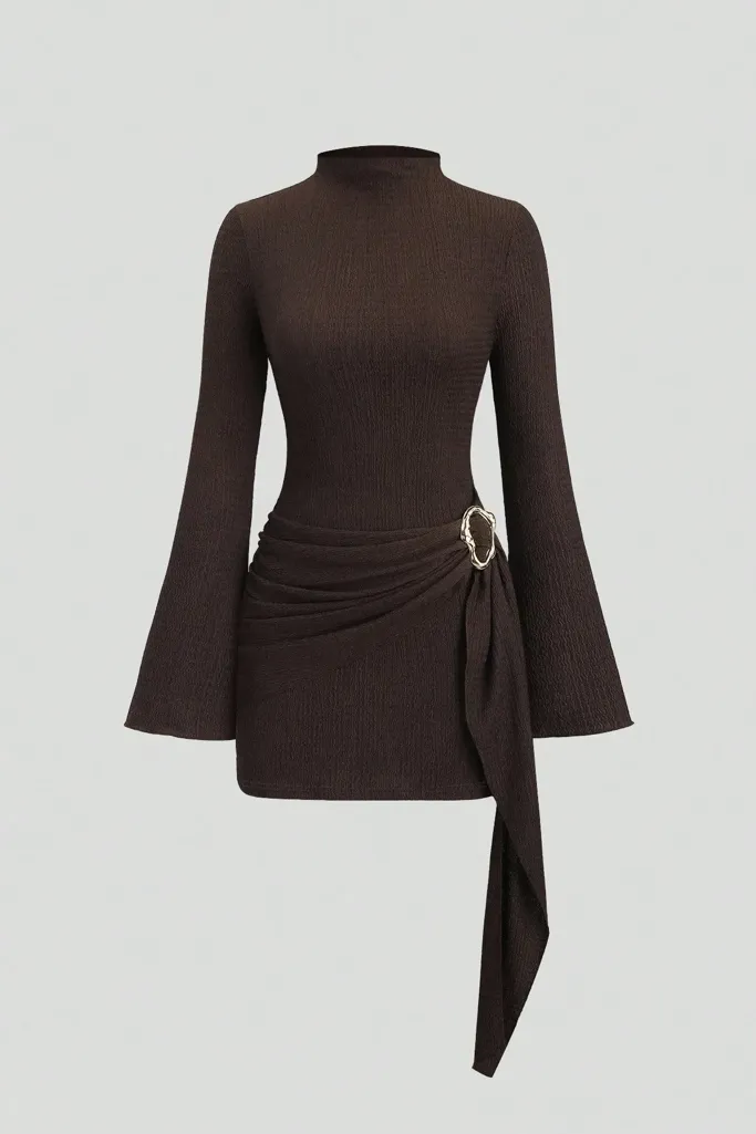 Brown High Neck Buckle Mini Dress - Image 1