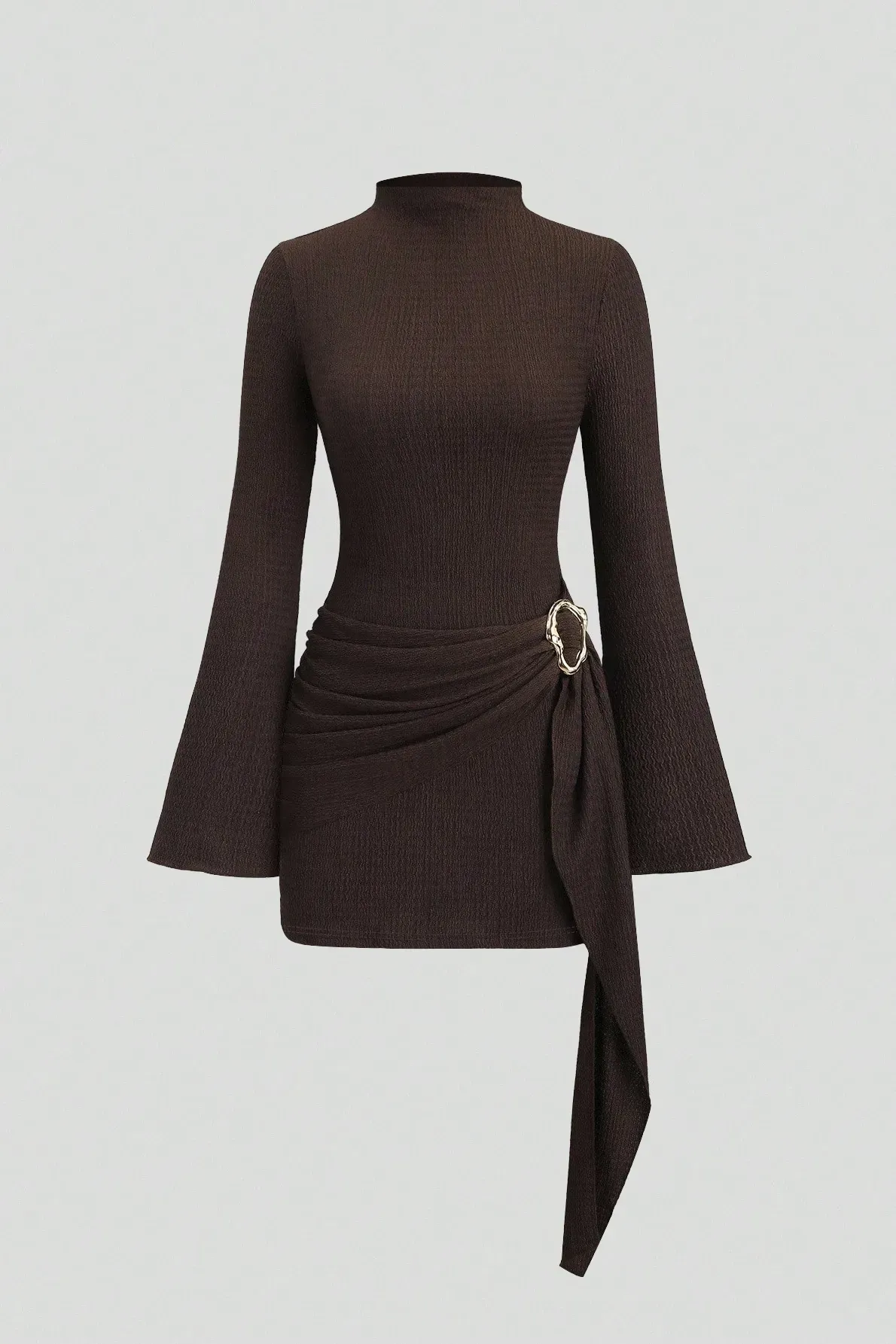 Brown High Neck Buckle Mini Dress