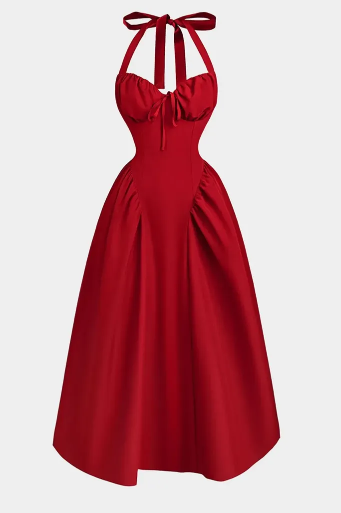 Red Solid Halter Maxi Dress - Image 1