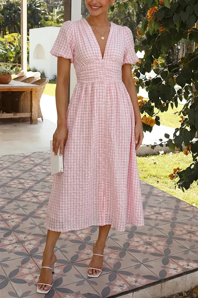 Light Pink V-Neck Gingham Midi Dress - Image 1