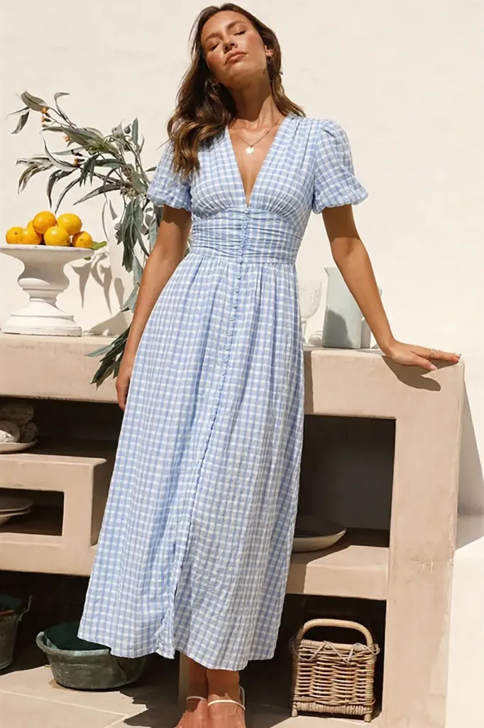 Light Blue V-Neck Gingham Midi Dress - Image 1