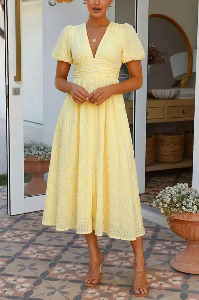 Light Yellow V-Neck Gingham Midi Dress - Image 1