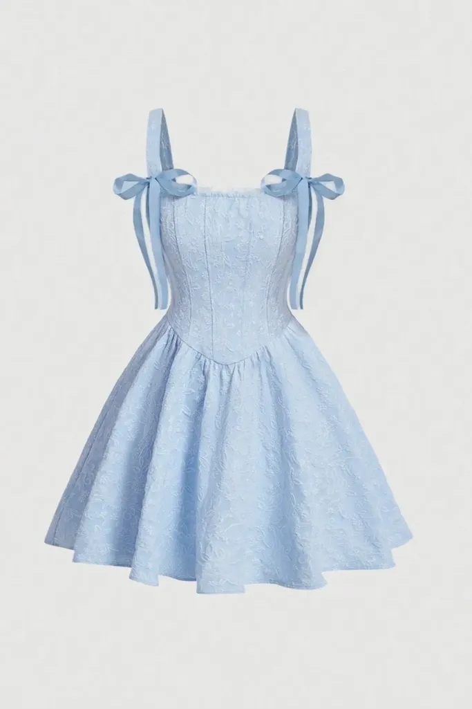 Light Blue Floral Square Neck Mini Dress - Image 1