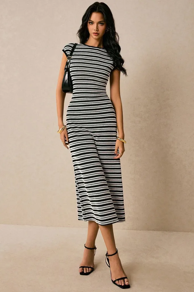 Black Striped Midi Dress - Image 1