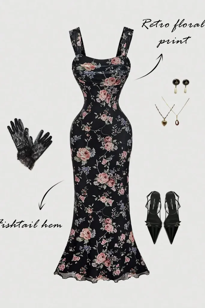 Black Floral Mermaid Maxi Dress - Image 1