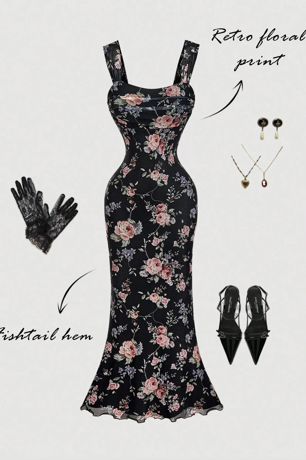 Black Floral Mermaid Maxi Dress