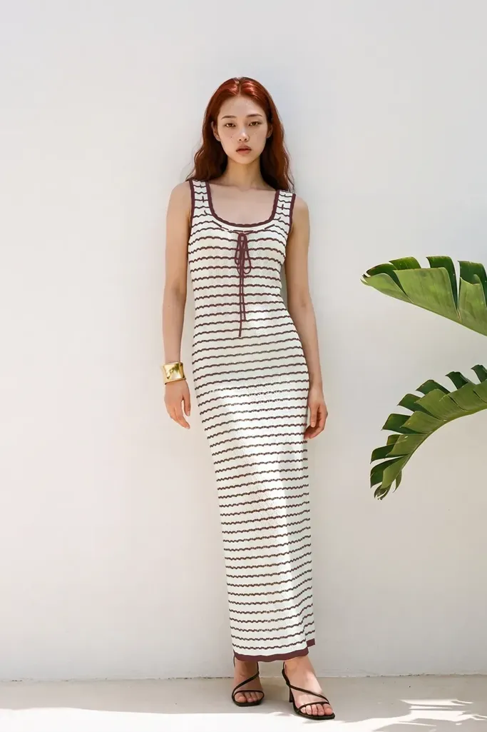Light Grey Striped Bodycon Maxi Dress - Image 1