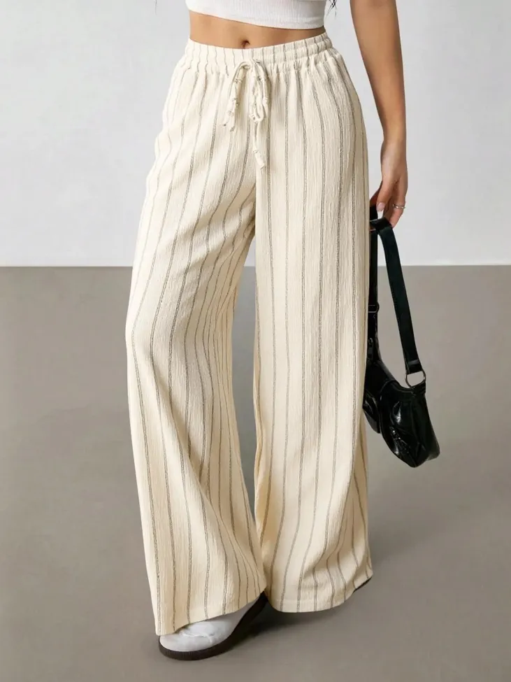 Cream Striped Mid Rise Pants - Image 1