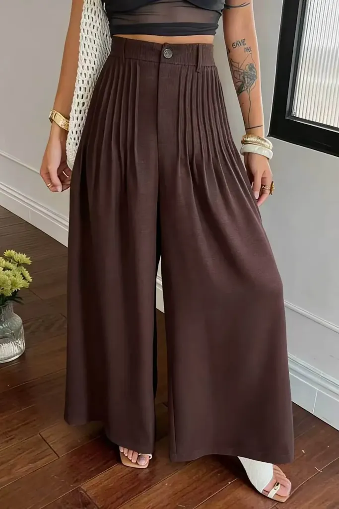 Dark Brown High-Rise Pleated Pants - Image 1