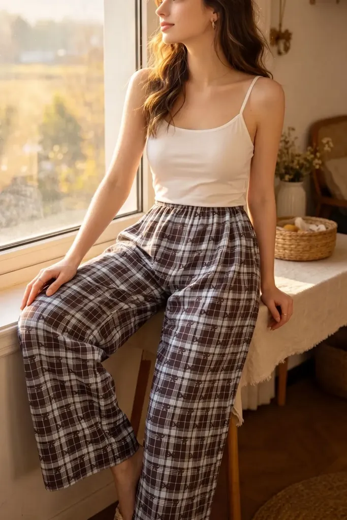 Brown Bow Plaid Mid Rise Pants - Image 1