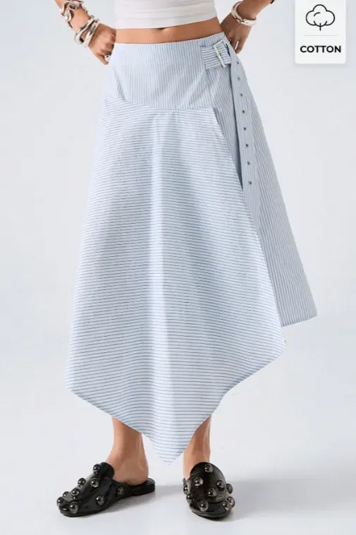 Light Blue Buttoned Asymmetric Skirt - Image 1
