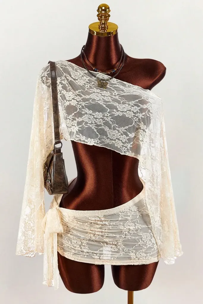 Cream Lace One-Shoulder Co Ord Set - Image 1