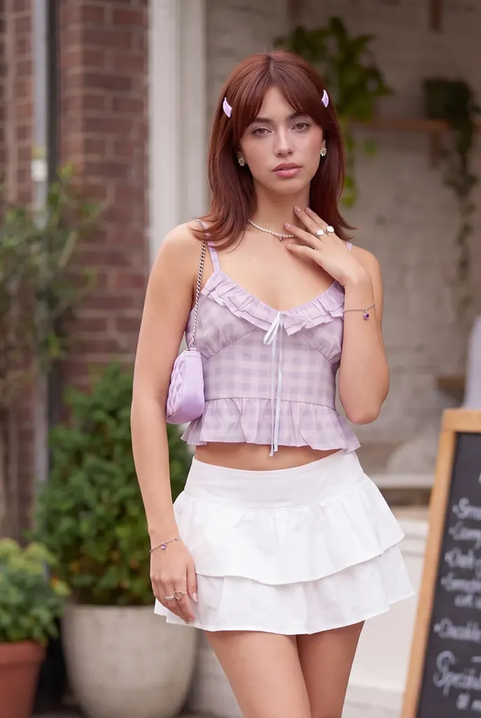 Lilac Checkered Sweetheart Crop Top - Image 1