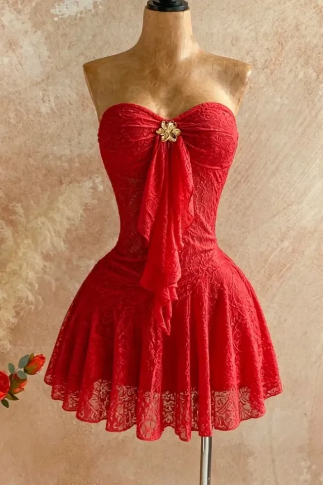 Red Lace Overlay Tube Mini Dress - Image 1
