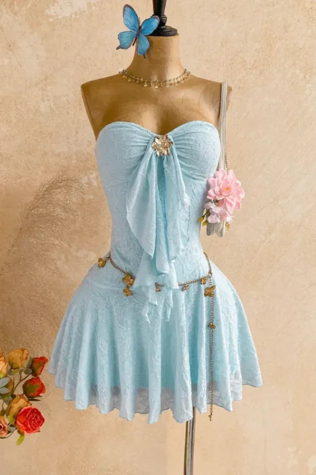 Light Blue Tube Neck Lace Mini Dress - Image 1