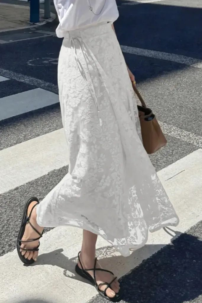 White Lace Floral Wrap Maxi Skirt - Image 1
