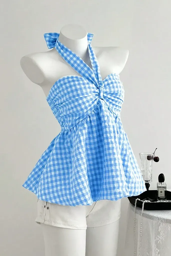 Light Blue Gingham Halter Top - Image 1