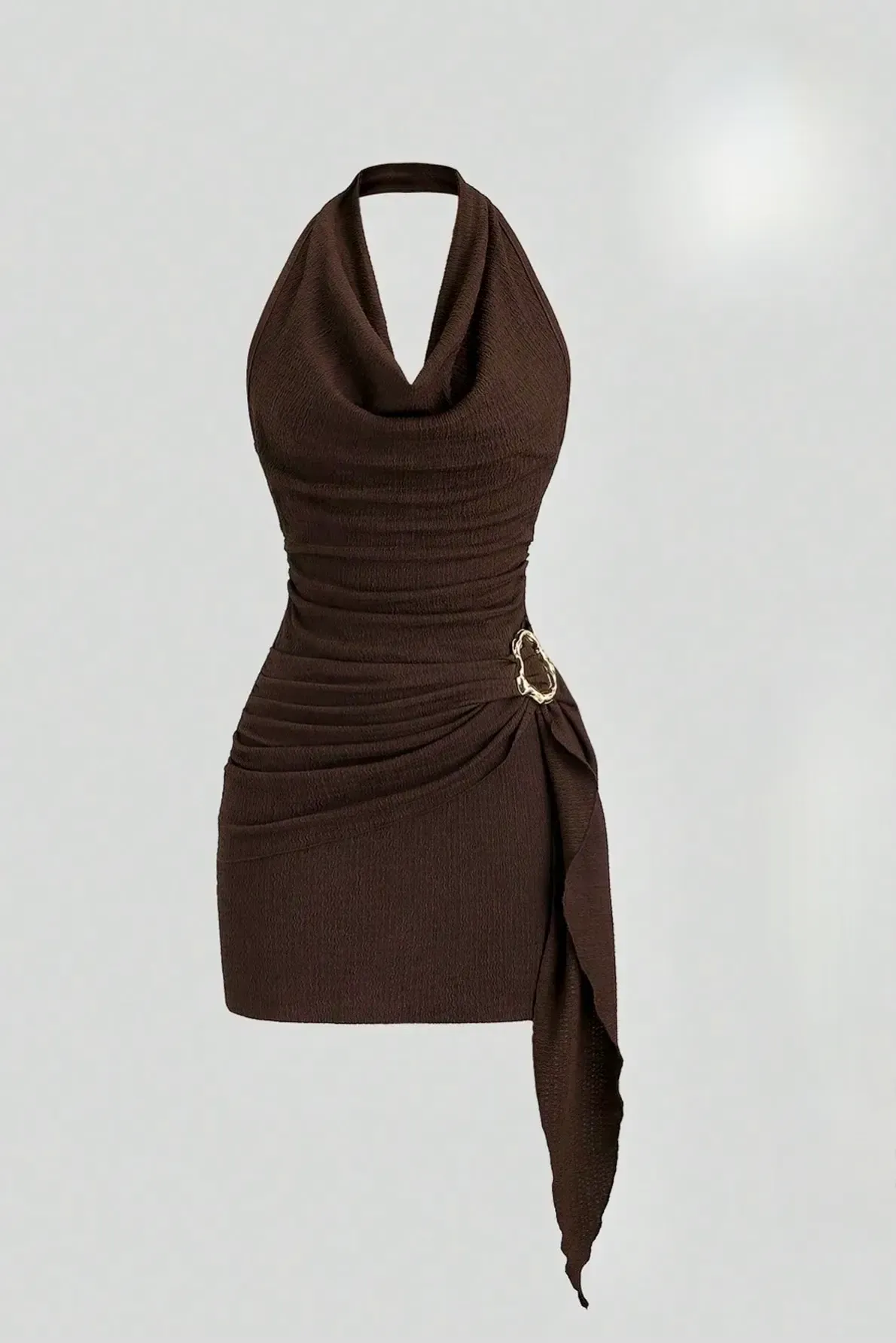 Dark Brown Ruched Halter Mini Dress