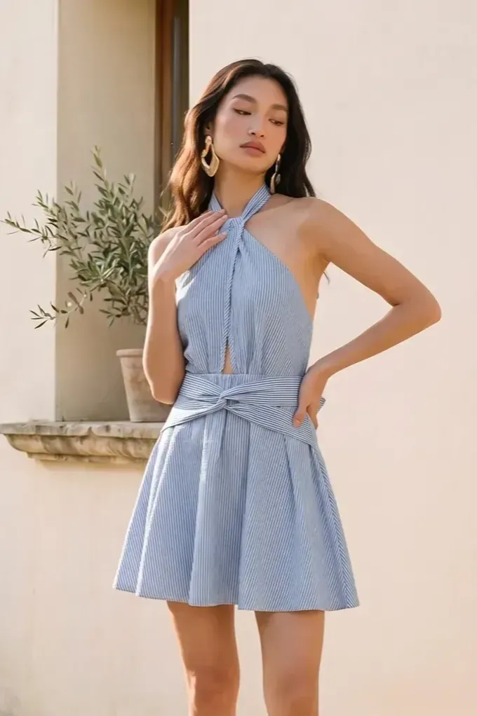 Blue Striped Cut Out Mini Dress - Image 1